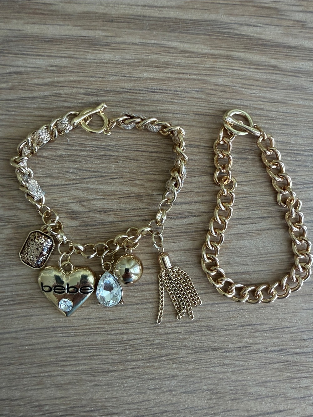 VINTAGE BEBE GOLD TONE CHARM BRACELET SET Woven Chain Toggle
